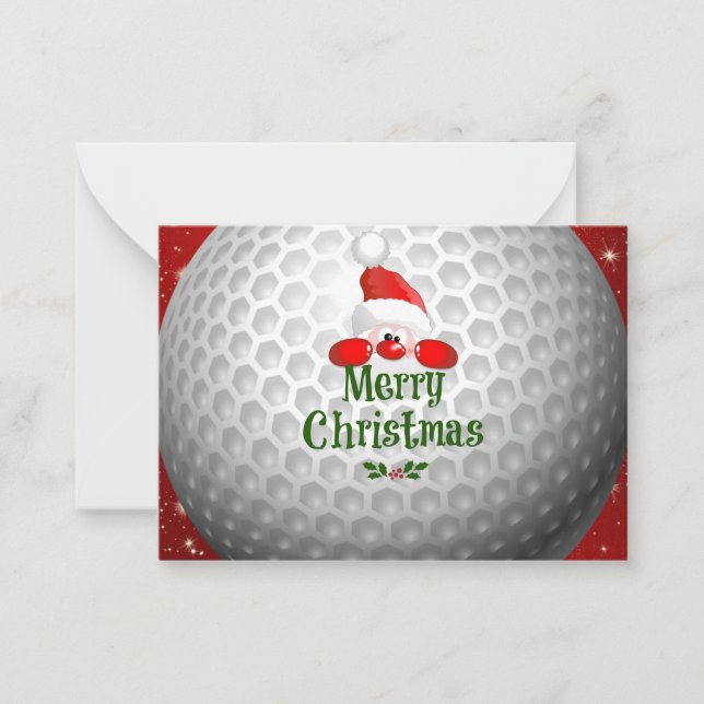 Tarjeta Pequeña Golfer Santa, saludos de 'Feliz Navidad' (Anverso)