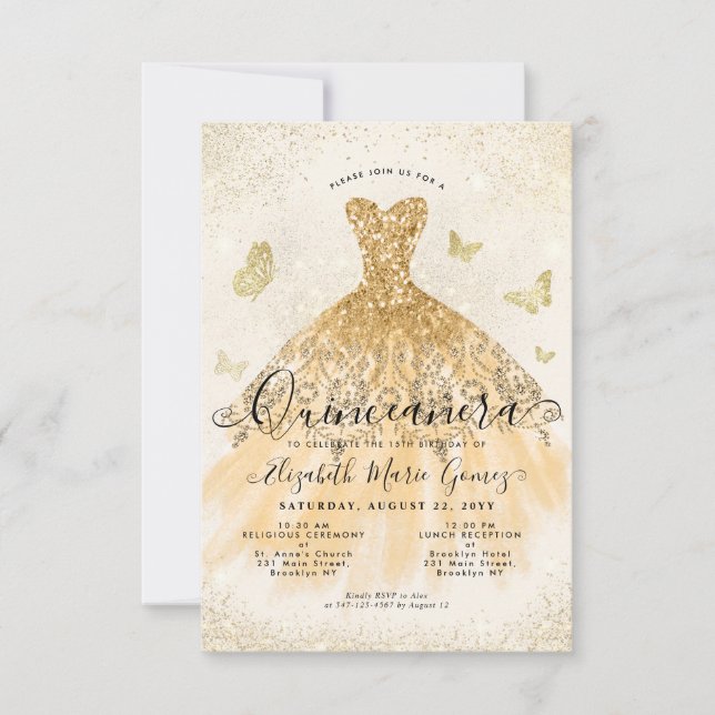 Tarjeta Pequeña Gown Quinceanera, Purpurina de oro amarillo ligero (Anverso)