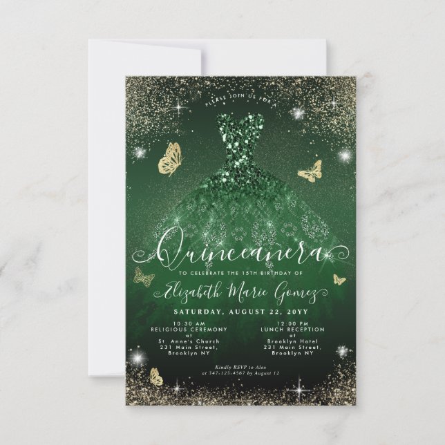 Tarjeta Pequeña Gown Quinceanera, Purpurina de oro verde esmeralda (Anverso)