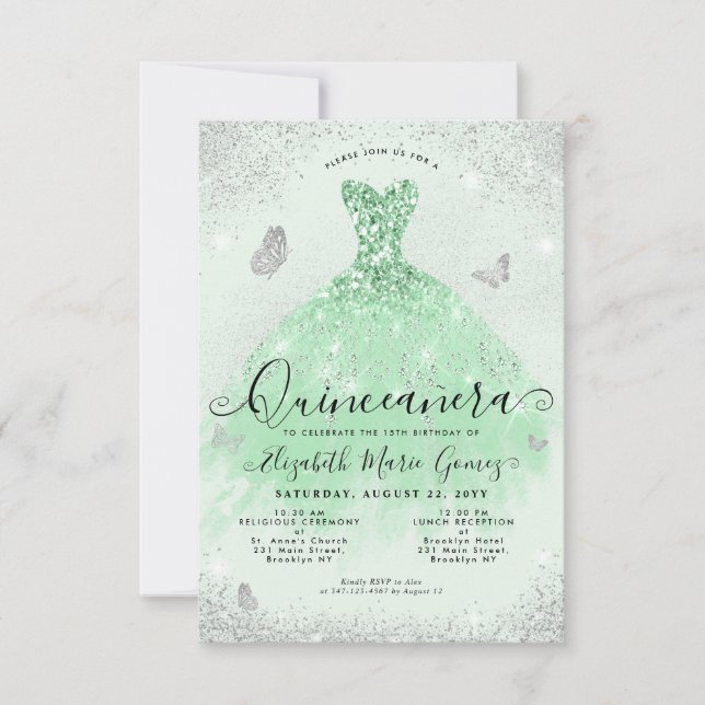 Tarjeta Pequeña Gown Quinceanera, Purpurina de Plata Verde Masaje (Anverso)
