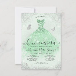 Tarjeta Pequeña Gown Quinceanera, Purpurina de Plata Verde Masaje