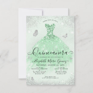 Tarjeta Pequeña Gown Quinceanera, Purpurina de Plata Verde Masaje