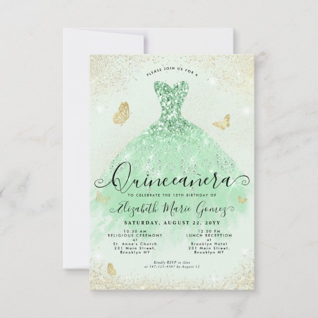 Tarjeta Pequeña Gown Quinceanera, Purpurina del Oro Verde del sabi (Anverso)