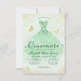 Tarjeta Pequeña Gown Quinceanera, Purpurina del Oro Verde del sabi