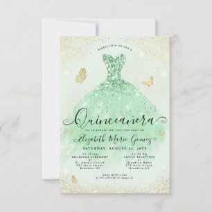 Tarjeta Pequeña Gown Quinceanera, Purpurina del Oro Verde del sabi
