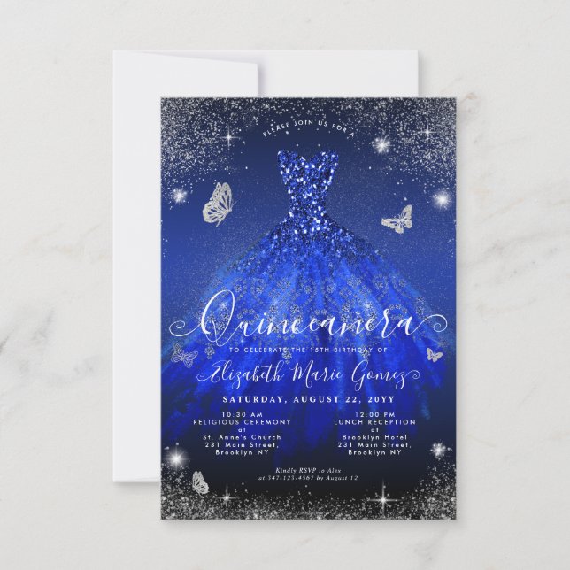Tarjeta Pequeña Gown Quinceanera, Purpurina real de plata azul (Anverso)