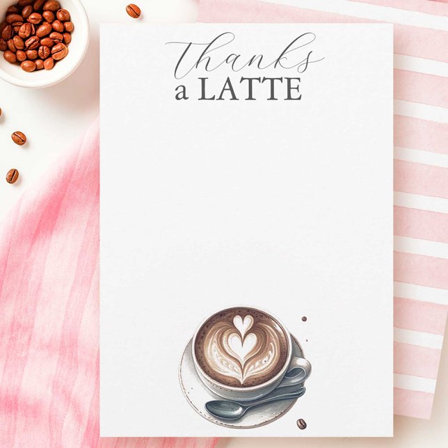 Tarjeta Pequeña Gracias A Latte Coffee Lover Notecards (Pink coffee love thank you cards that say Thanks a Latte with a cup of coffee and pink stripes)