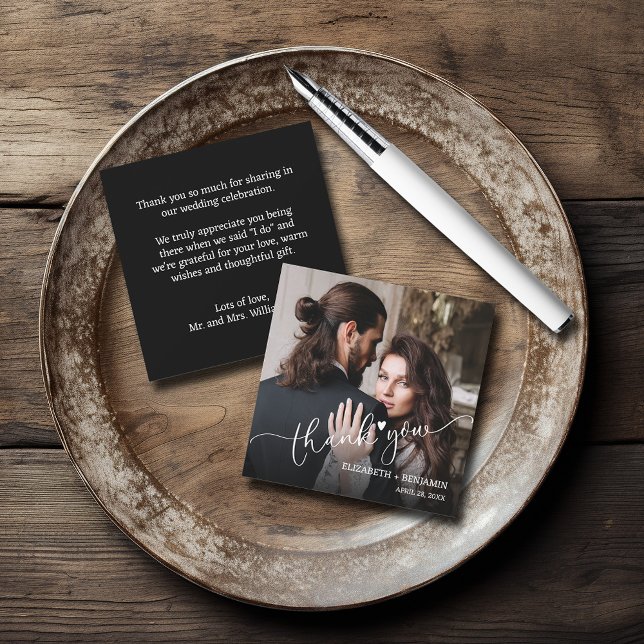 Tarjeta Pequeña Gracias a presupuesto con letras de mano para boda (SMALL 2.5" square budget wedding photo thank you note cards (too small to mail in the USA.))