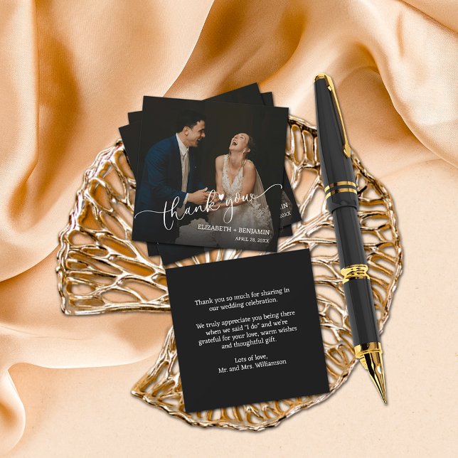 Tarjeta Pequeña Gracias a presupuesto con letras de mano para boda (Small 2.5" x 2.5" thank you cards (too small to mail in the USA, larger sizes in our collection.))