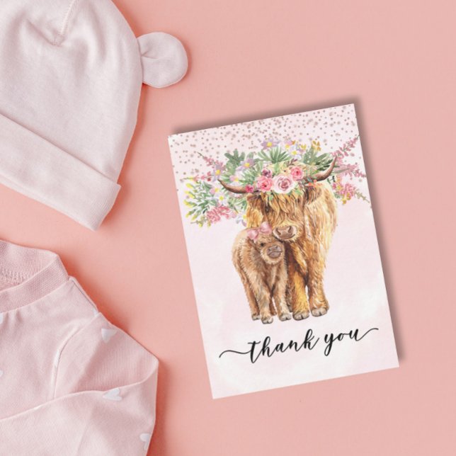 Tarjeta Pequeña Gracias Baby Shower Highland Cow Pink (Subido por el creador)