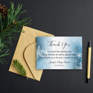 Tarjeta Pequeña gracias bebé ducha acuarela copos de nieve azul