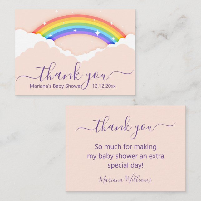 Tarjeta Pequeña gracias bebé ducha arco iris púrpura rosa (Anverso / Reverso)