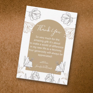 Tarjeta Pequeña gracias bebé ducha flores marrón arco blanco