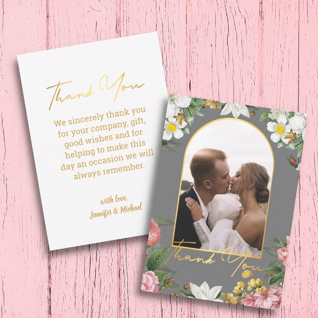 Tarjeta Pequeña gracias boda botánico foto arch gris (Subido por el creador)