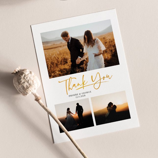 Tarjeta Pequeña Gracias Boda de 4 fotos con letras de mano moderna (Wedding Day Photo Collage Thanks You Note Card )