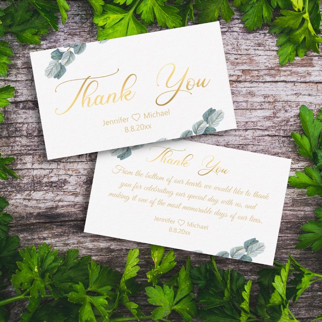 Tarjeta Pequeña gracias, boda de caligrafía dorada eucalipto (Subido por el creador)
