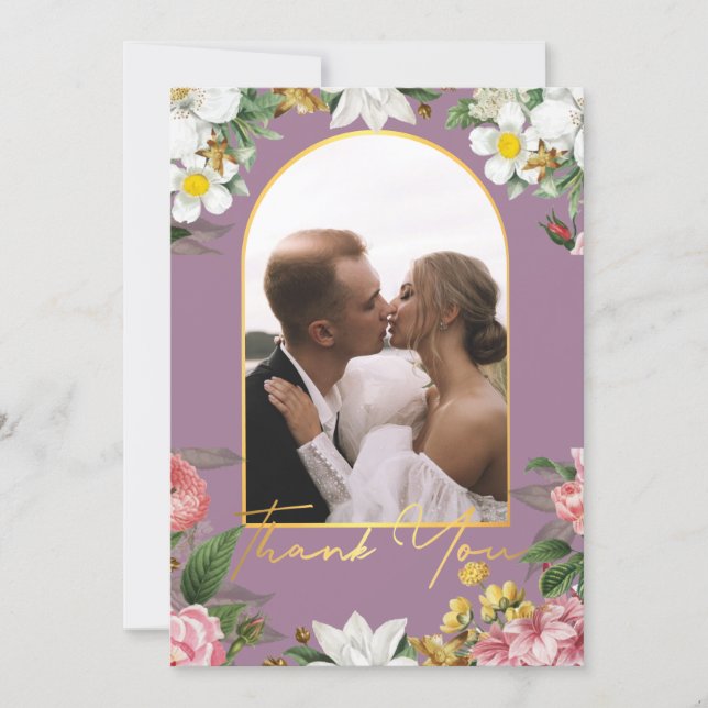 Tarjeta Pequeña gracias boda floral foto oro arco morado (Anverso)