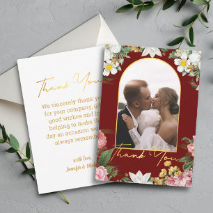 Tarjeta Pequeña gracias boda floral foto oro arco rojo