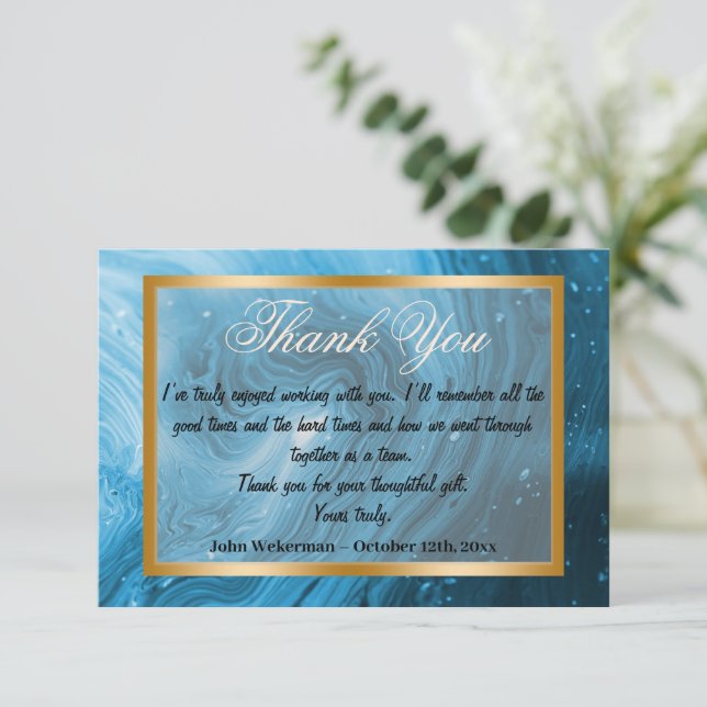 Tarjeta Pequeña Gracias compañero de trabajo y mármol azul claro,  (Anverso de pie)