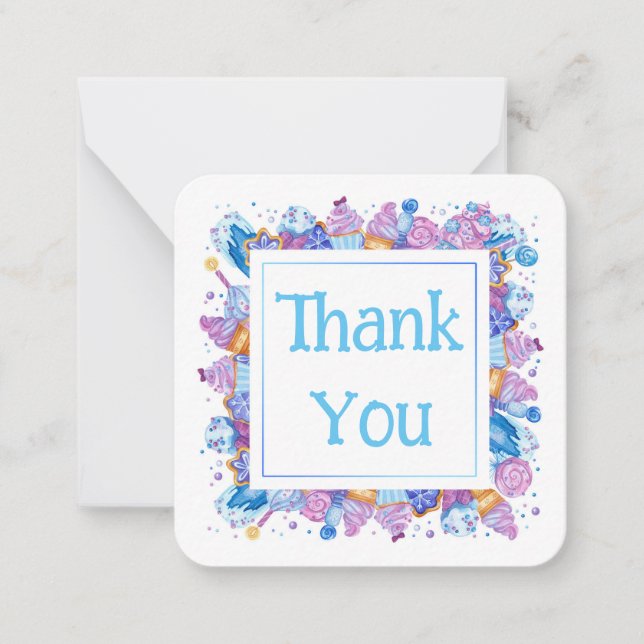 Tarjeta Pequeña Gracias con postres azules (Anverso)