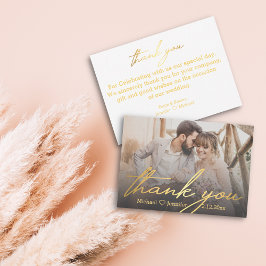 Tarjeta Pequeña gracias,foto de boda con letra dorada a mano 