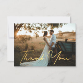 Tarjeta Pequeña gracias, fotografía de boda con letra dorada moder