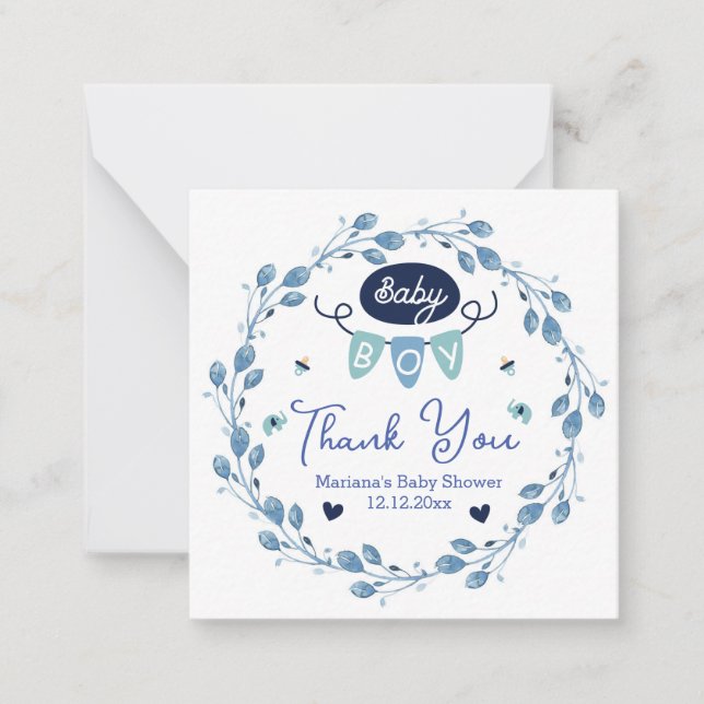 Tarjeta Pequeña gracias linda ducha bebé azul botánico elegante (Anverso)