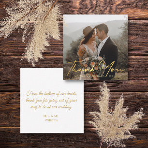 Tarjeta Pequeña gracias lujo dorado escritura a mano foto de boda