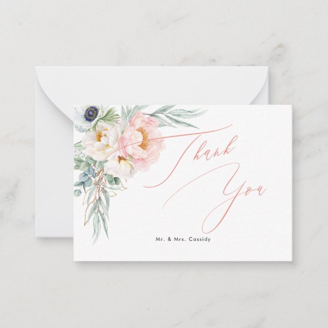 Tarjeta Pequeña Gracias PixDezines Pink White Peonies (Anverso)