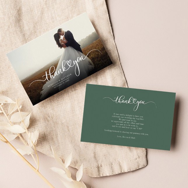 Tarjeta Pequeña Gracias por foto manuscrita de día de bodas (Wedding Photo Newlyweds Script Thank You)