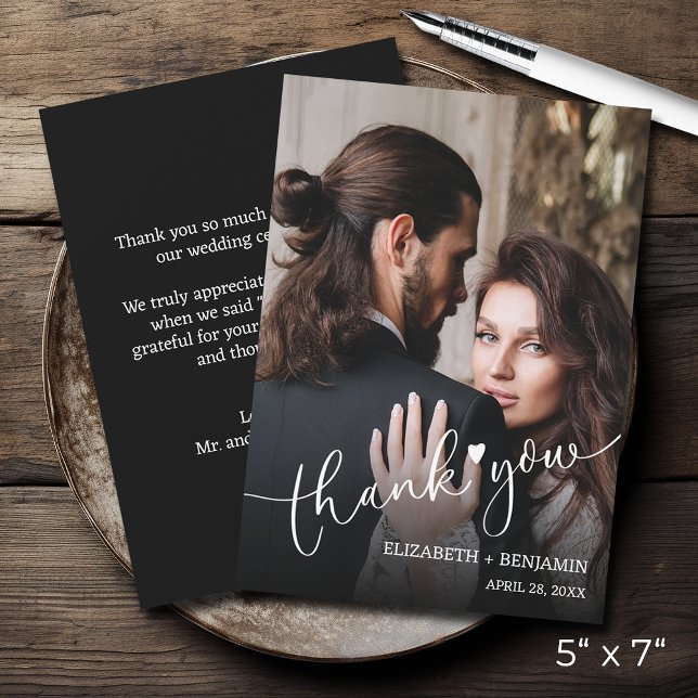 Tarjeta Pequeña Gracias por la foto de boda a mano (5" x 7" wedding photo thank you note cards with your message on the back)