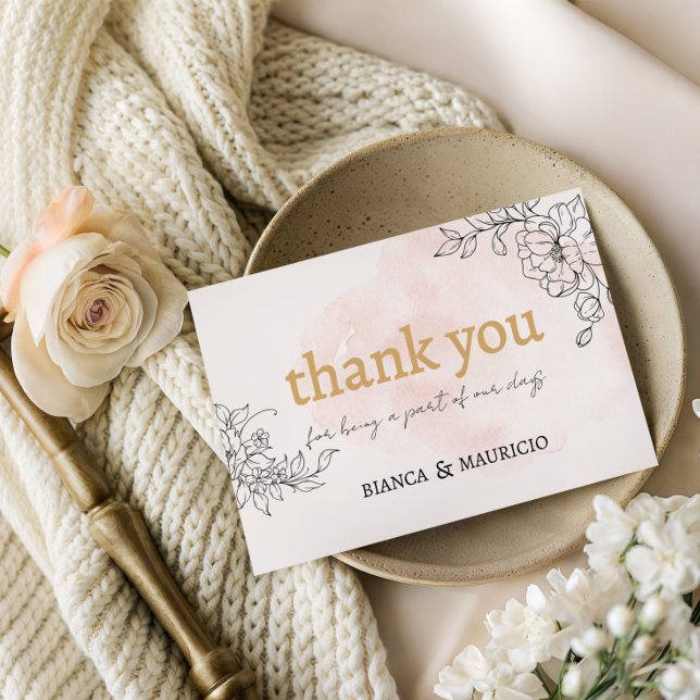 Tarjeta Pequeña Gracias por pincel de Rubor con flor negra (Blush Brushstroke with Black Floral Thank You Note Card)