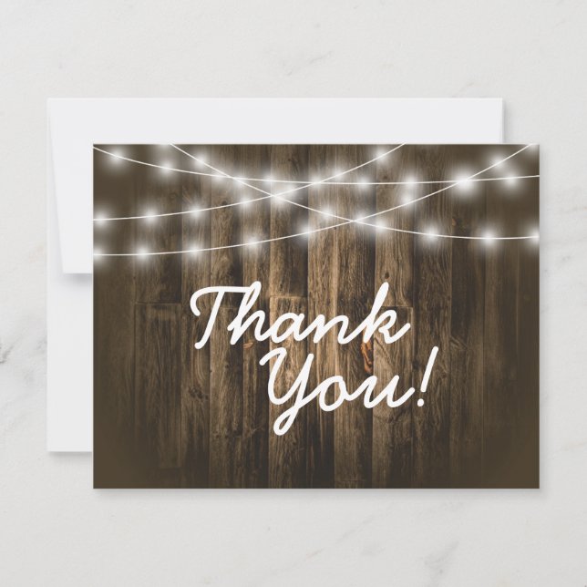 Tarjeta Pequeña Gracias Rustic Wood String Lights Note Card (Anverso)