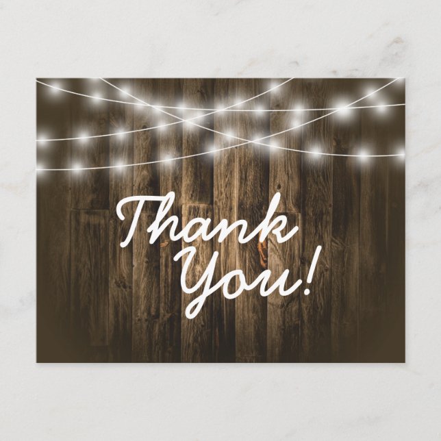 Tarjeta Pequeña Gracias Rustic Wood String Lights Note Card (Anverso)