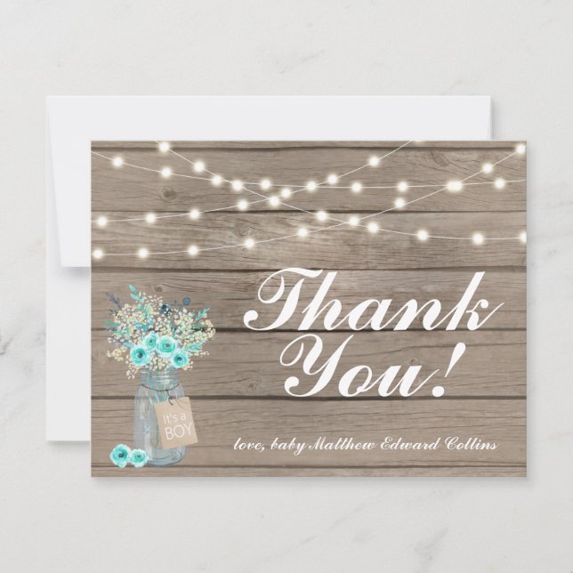 Tarjeta Pequeña Gracias Rustic Wood String Lights Note Card Boy (Anverso)