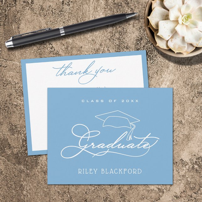 Tarjeta Pequeña Graduación Cap Powder Blue Gracias (Graduation Cap Flat Powder Blue Thank You Note Cards)