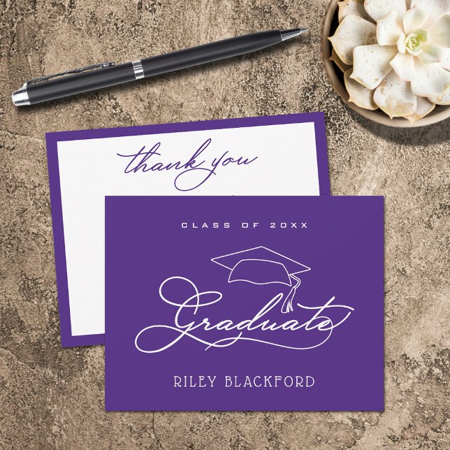 Tarjeta Pequeña Graduación Cap Purple Gracias (Graduation Cap Flat Purple Thank You Note Cards)