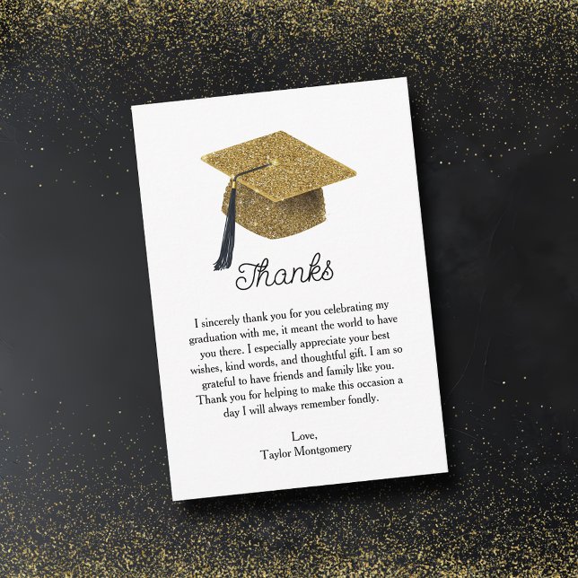 Tarjeta Pequeña Graduación de calificación de Purpurina de oro (Faux gold glitter grad cap flat  graduation thank you note cards with your personal message)
