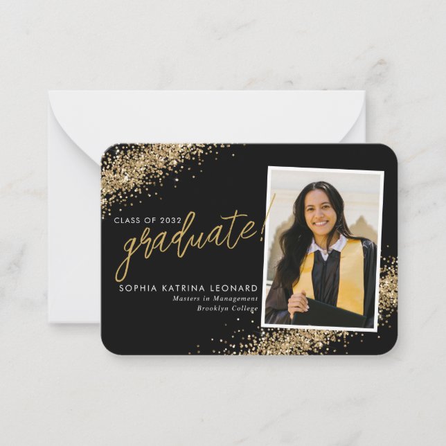 Tarjeta Pequeña Graduación de fotografía de Purpurina de oro negro (Anverso)