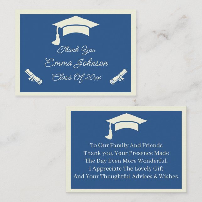Tarjeta Pequeña Graduación Personalizada Beige Y Azul Gracias (Anverso / Reverso)
