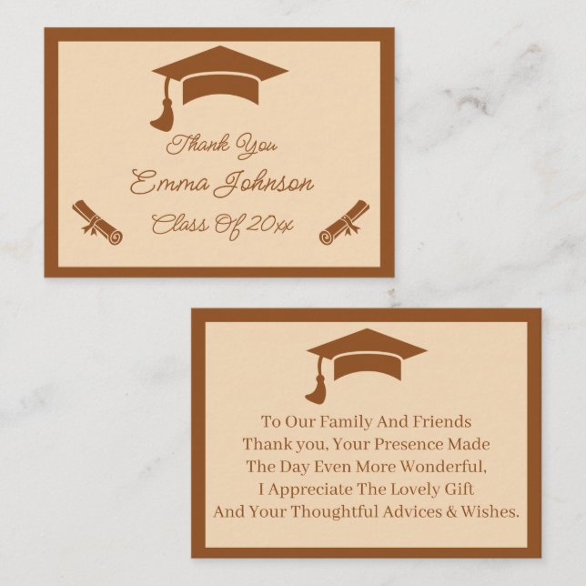 Tarjeta Pequeña Graduación Personalizada De Marrón Y Beige Gracias (Anverso / Reverso)