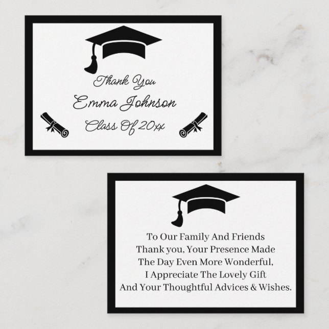Tarjeta Pequeña Graduación Personalizada En Blanco Y Negro Gracias (Anverso / Reverso)