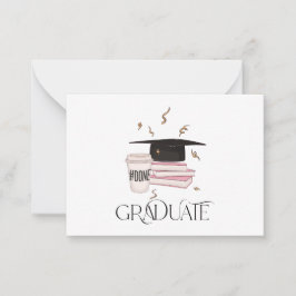 Tarjeta Pequeña Graduado con Libros Rosa, Café y Confetti de Oro