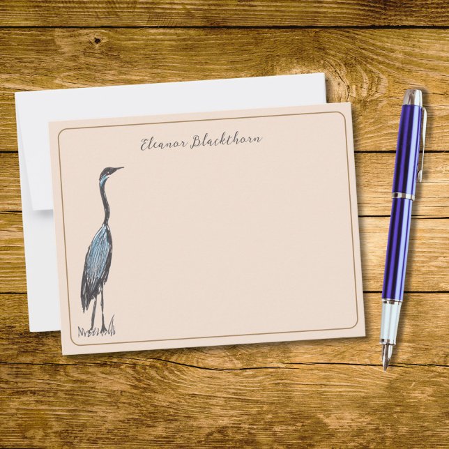Tarjeta Pequeña Gran estilo de cosecha de garganta azul (This nature-themed note card features my own hand-drawn pen and ink Great Blue Heron.)