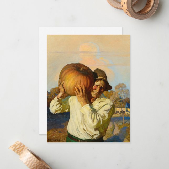 Tarjeta Pequeña Granjero con calabaza de Newell Convers Wyeth (Anverso/Reverso In Situ)