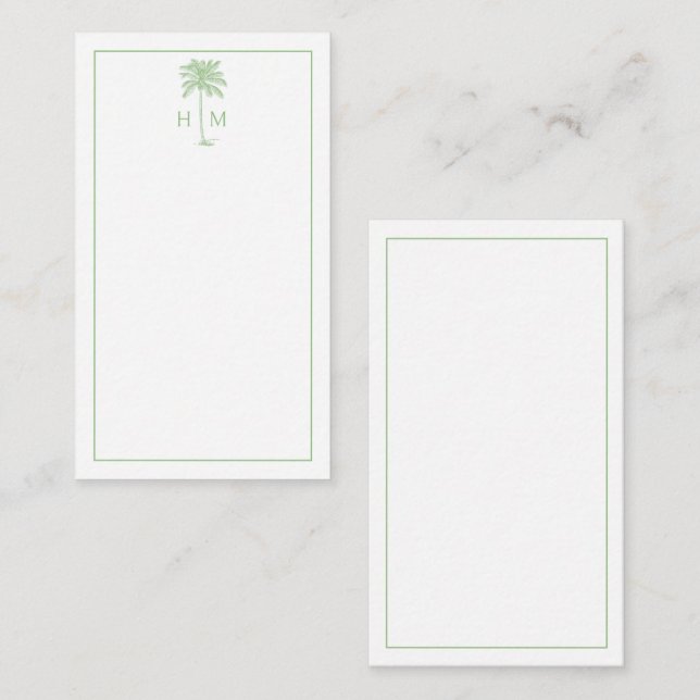 Tarjeta Pequeña Green and White Palm Palmetto Tree Monogram (Anverso / Reverso)