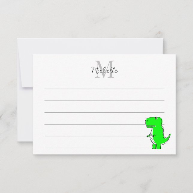 Tarjeta Pequeña Green Dinosaur Drawing Custom Lined Monogram (Anverso)