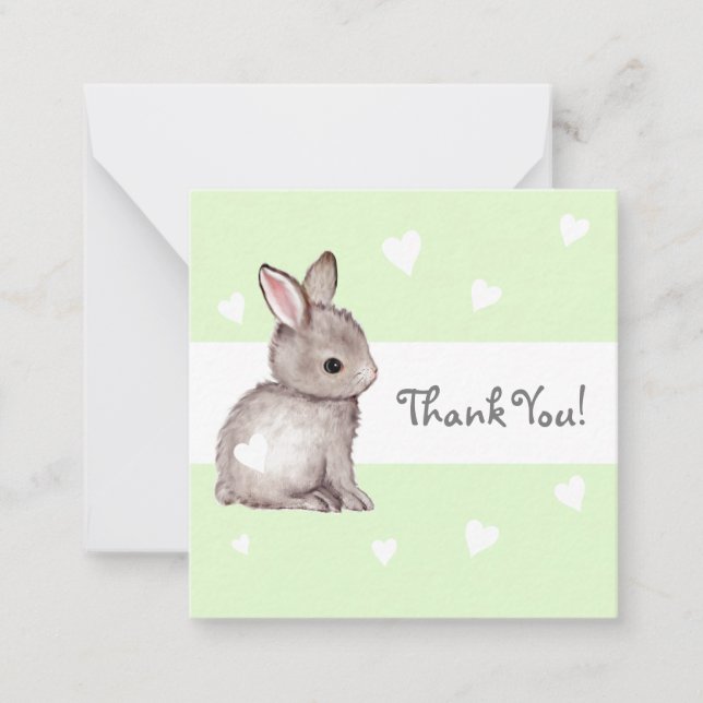 Tarjeta Pequeña Green Heart Bunny Baby Shower Gracias Notecards (Anverso)
