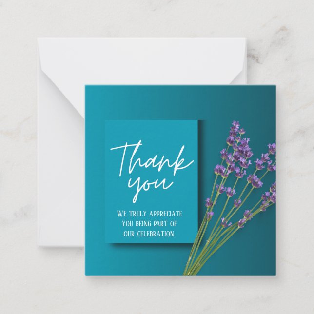 Tarjeta Pequeña Green Thank You Card with Purple Floral Design (Anverso)