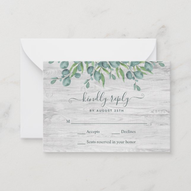 Tarjeta Pequeña Greenery Presupuestario Eucalyptus Wedding RSVP (Anverso)